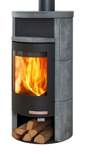 Skantherm Merano Rund, Kaminofen mit  Specksteinmantel und Speichermodul